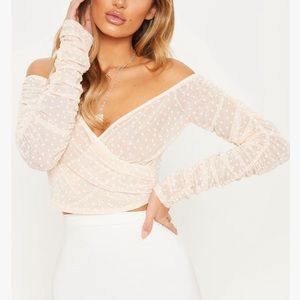 Nude Dobby Mesh Ruched Sleeve Bardot Crop Top